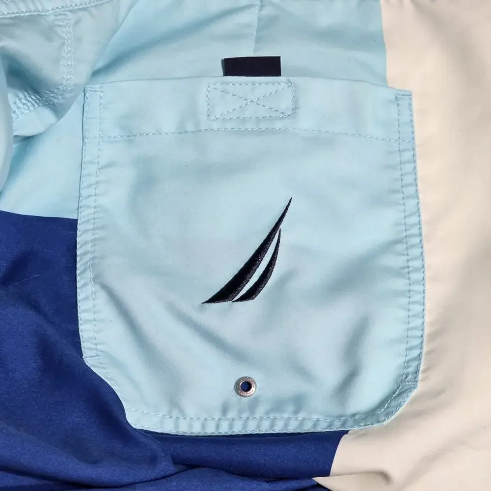 Nautica Men’s Board Shorts 38W Blue Colorblock Swim Trunks 100% Polyester